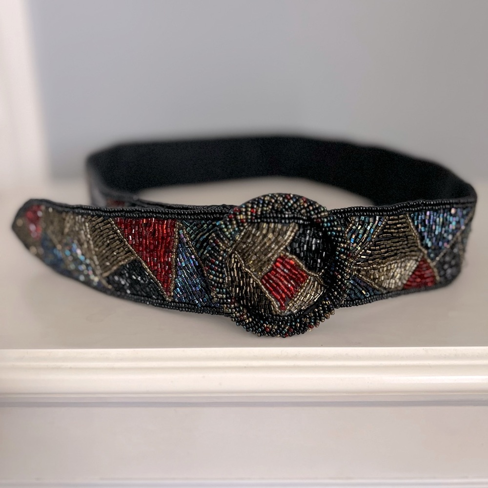 Vtg 80s beaded art deco geometric shape belt one size